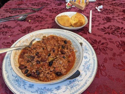 Fresh tasty beef Chili and cornbread