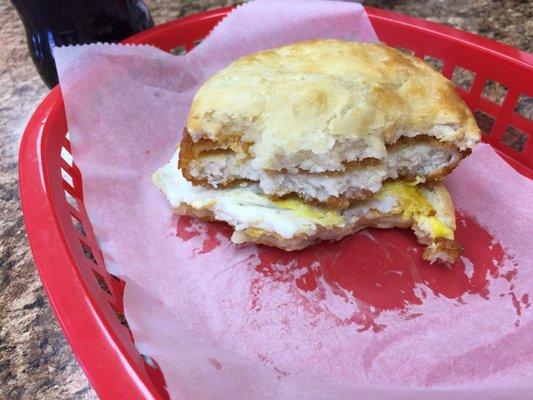 Chicken biscuit with egg and cheese.