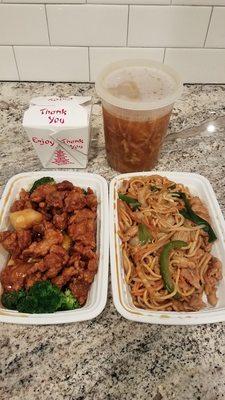 orange chicken, pork lo mein, large hot & sour soup. $21 total