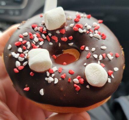 Chocolate glazed donut with marshmallows