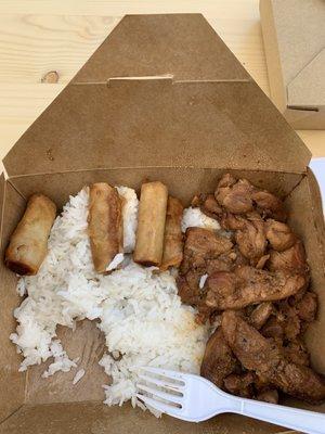 Lumpia and adobo chicken