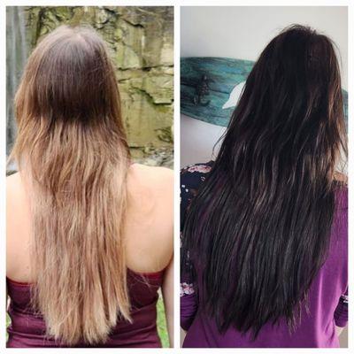 Left: Original hair w/faded hair extensions. Never dyed.  Right: Glazed hair from this salon that is supposed to match my natural hair color