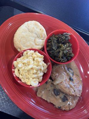 Smother pork chops, collards, Mac and cheese, buttermilk biscuit.