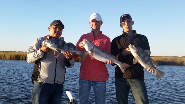 Tripled up at Louisiana Fishing Charters on reds and drum in South Louisiana