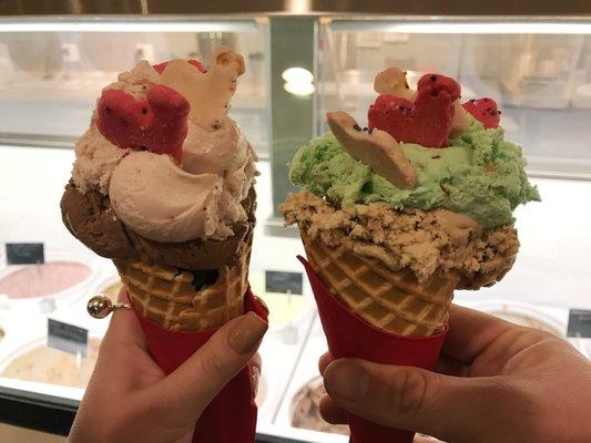 Strawberry and chocolate on the left and pistachio almond and peanut butter fudge on the right. Take advantage of their free toppings!