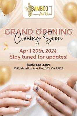 GRAND OPENING - COMING SOON 
 Get ready to glam up, because Bamboo Nail Bar is having our Grand Opening soon!