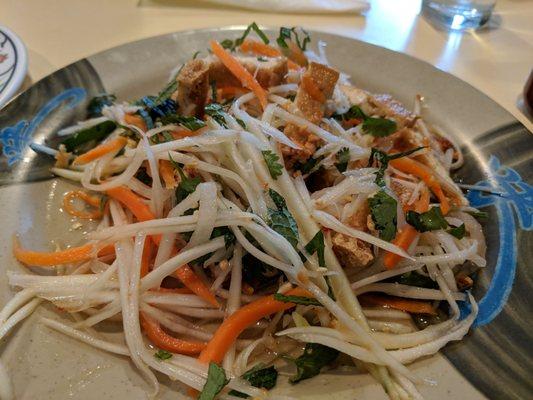 Vegan papaya salad with fried tofu so good! ( Ask for it vegan)