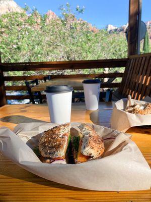 Lox bagel sandwich and honey lavender latte with a view