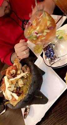 The Molcajete and seafood coctail