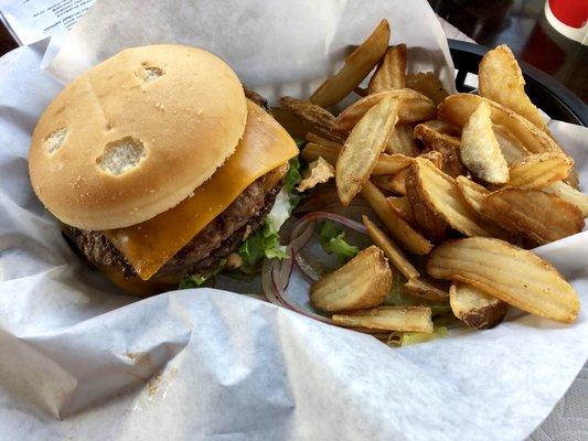 Gluten free cheeseburger and wedgie fries