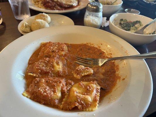 Cheese ravioli with the pink sauce.