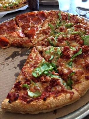 Half pepperoni, half chourico and green peppers