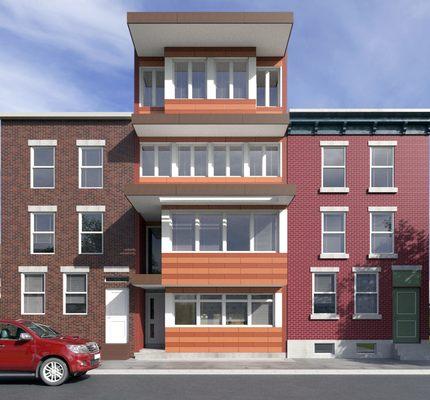 Multifamily apartment building on rowhouse lot. Two 3 bedroom units and one two bedroom unit. Height is below 38 feet by right limit.