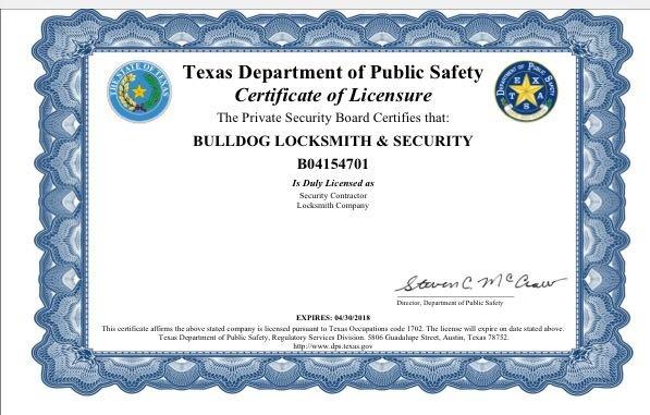 Bulldog locksmith is fully insured and licensed in the state of Texas