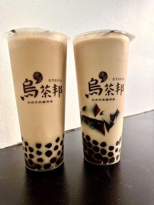 Classic Bubble Milk Tea worth oat milk on the left and Classic  Bubble Milk Tea with grass jelly on the right.