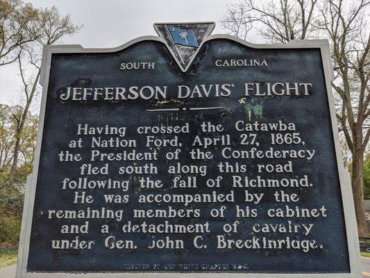 Jefferson Davis' Flight Historical Marker, Rock Hill SC