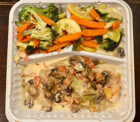 Chicken Marsala (w/ fresh vegetables, to go) - Marsala sauce is too sour from the artichokes.