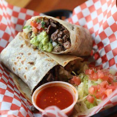 Carne Asada Burrito rolled up in a flower tortilla - cant go wrong.