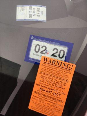 My parking sticker (exp 3:44 pm) & Premier Parking Enforcement Ticket - note time (4:18 pm)