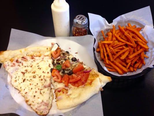 New York Richie's slice of cheese, slice of "combo" and order of sweet potato fries