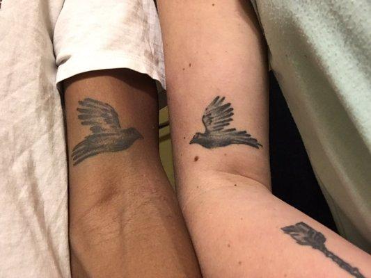 when we asked for matching black bird tattoos. Yes we chose the different arms and directions but still.