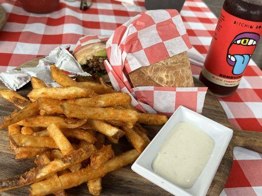 Local kombucha, Lentil Burger, and crispi fries