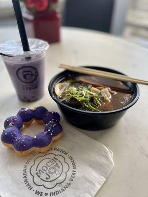 Tokyo classic - subbed tofu for pork and added black garlic oil. So good! Also pictured - taro boba and taro donut