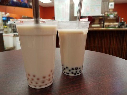 oolong milk tea with rose popping and jasmine milk tea both boba