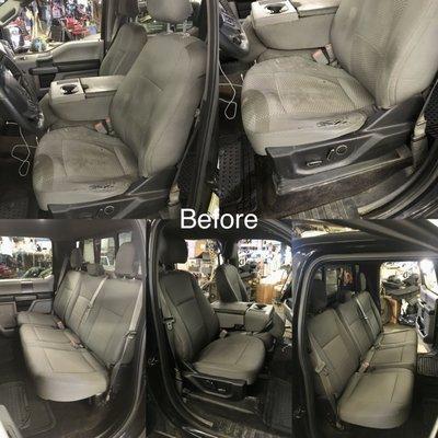 Before changes: fabric factory seats and ripped gusset on driver seat from wear and tear.