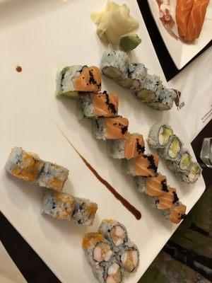 tokyo roll, hot california roll, black and orange roll