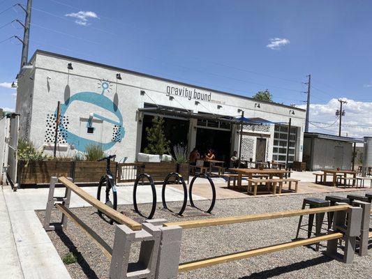 Bike parking and outdoor seating.