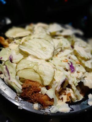 Angry fries - it's loaded, chicken tender, special sauce,  pickles, coleslaw and fries.