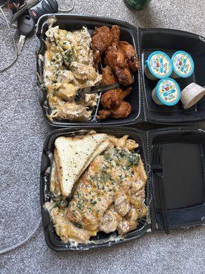 Hungry AF meal with chicken Alfredo and mild wings, salmon Alfredo with shrimp