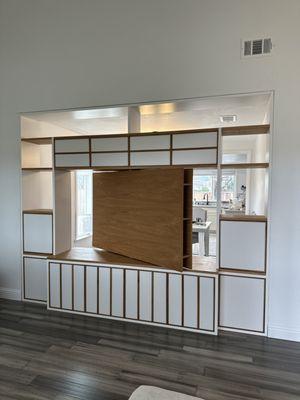 Custom TV cabinet and entertainment center white oak and white Formica