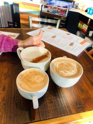 Chai tea latte (top left), Toffee Coffee latte (top right), White Chocolate Tiramisu latte (bottom center)