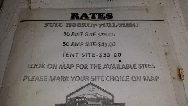 Prices as of 9/6/2016. They are also a Good Sam campground so don't forget to ask for your discount if you're a member.