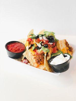 Monk's Deluxe Nachos with Taco Beef.