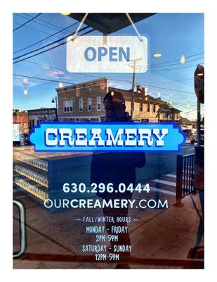 Open Hours.Creamery. 400 E Illinois St,Lemont, IL  Catering Call 630 2960444. IceCreams Shakes Sundae IceCream Sandwiches Cookes etc. Cool!