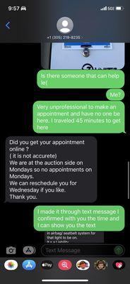 Text message saying they don't take appointments Monday