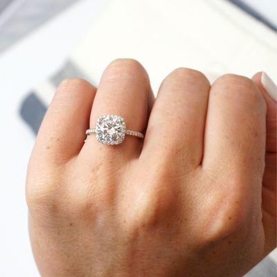 Custom classic 2 carat halo diamond engagement ring.