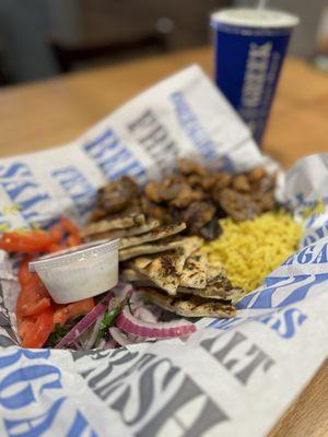 PORK SOUVLAKI PLATE WITH RICE, SIDE SALAD, TZATZIKI SAUCE & PITA BREAD