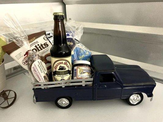 Our blue metal truck! Chips, Pretzels, Chocolate, root beer soda , apple butter, and our logo cookie