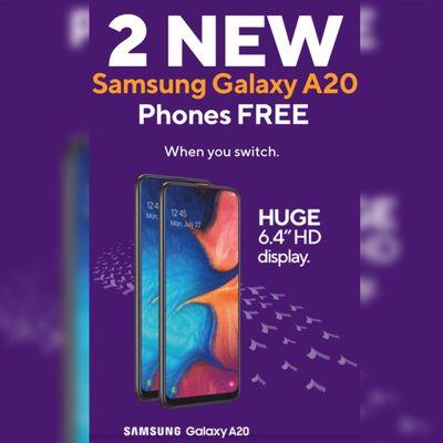 GET THE NEW SAMSUNG A20 FREE  Biggest Samsung we have 6.4 inch Screen!!!   Switchers can also get 2 for $80 with AMAZON PRIME