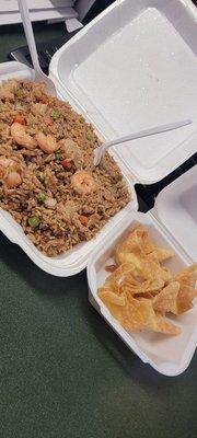 6pc Crab Rangoon but 4 made it off the parking lot...They are freshly fried and crispy. Chicken and Shrimp Fried Rice also bomb...