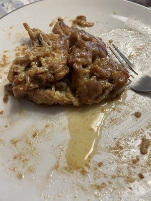 Grease from the egg foo young.  So much grease in everything it was pouring out of the pot stickers