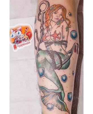 Bondage Mermaid on a fishing hook neotraditional tattoo on calf