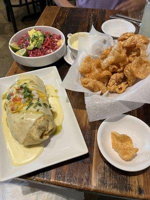 Seasoned Pork Rinds w/queso dip, Cuban Bowl, Baja Chicken Burrito