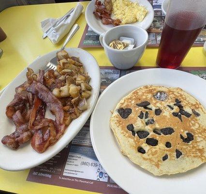 Oreo pancake, bacon, and home fries no onions