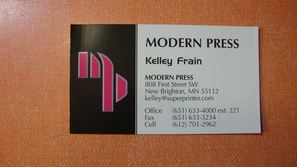 Kelley's business card -- owner and sales person -- a super nice dude!