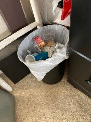 Left trash in this trash can, as well as a few others not posted. Also did not dust or wipe the surface of the speaker behind it.